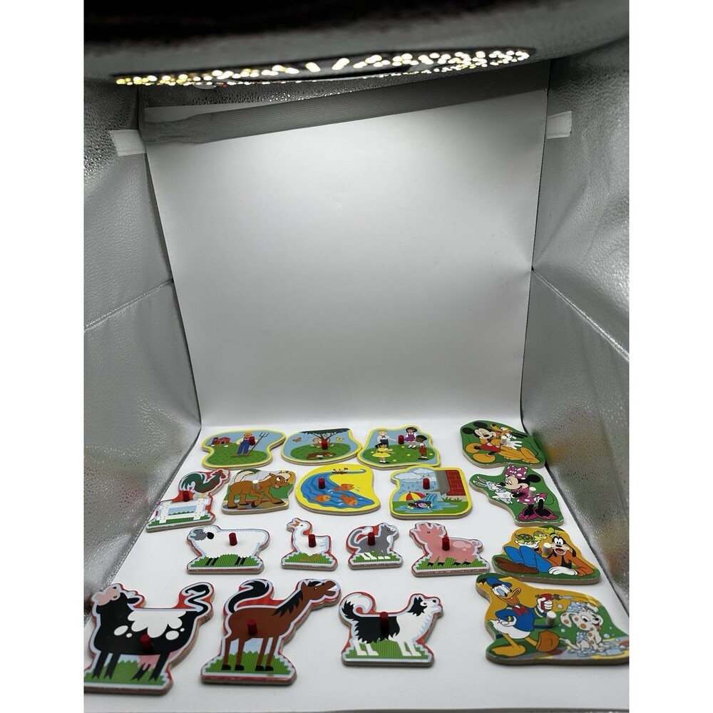 Disney Wooden Peg Puzzle Pieces Lot Mickey Farm Animals Numbers 1-10 Vintage